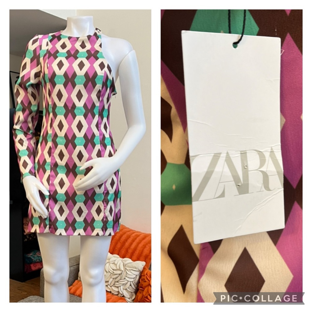 ❣️🆕Zara Satin Effect Geo Print One Shoulder Dress❣️